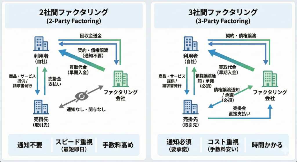 「2社間ファクタリング」と「3社間ファクタリング」の違い
