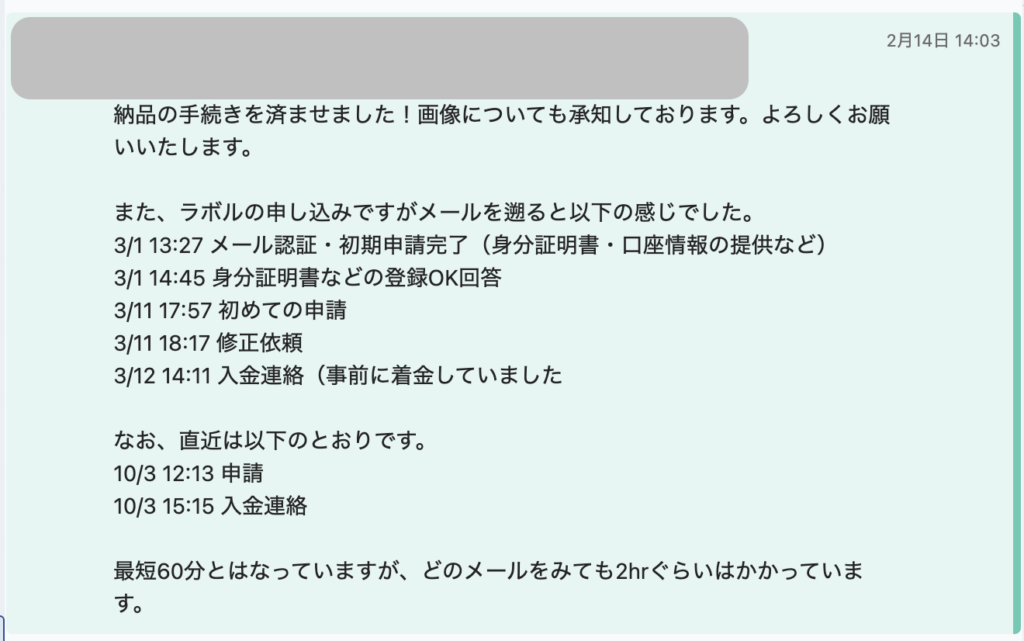 ラボルの実際の入金スピード