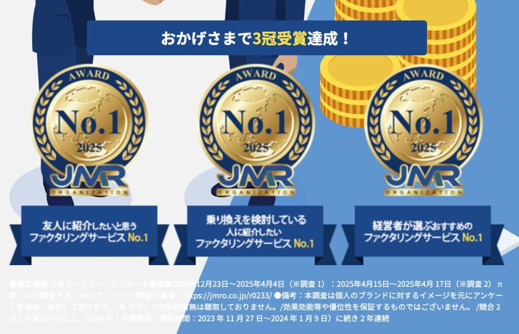 友人に紹介したいと思うファクタリングサービス No.1
乗り換えを検討している人に紹介したいファクタリングサービス No.1
経営者が選ぶおすすめのファクタリングサービス No.1