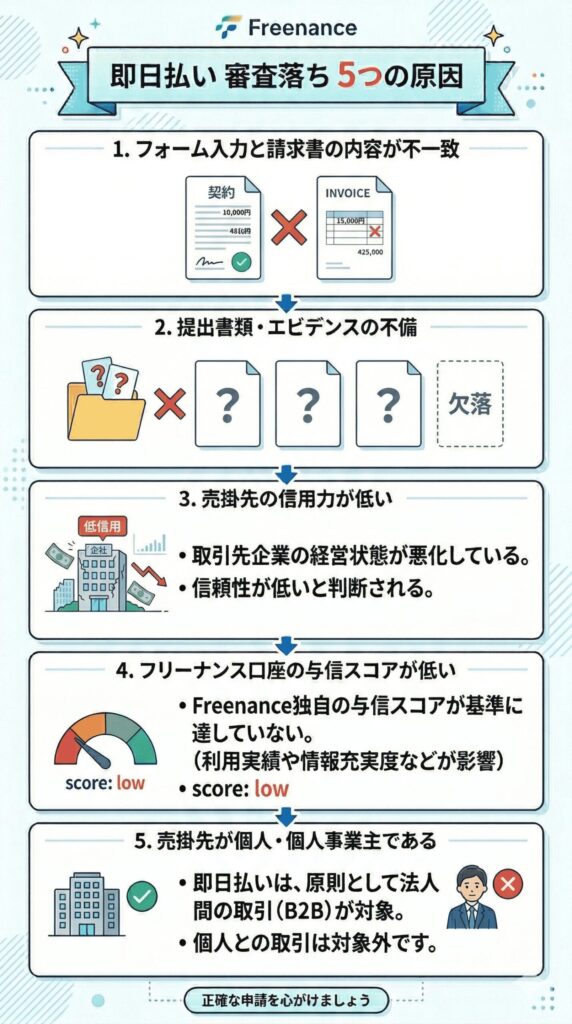 フリーナンス即日払いで審査落ちする5つの原因