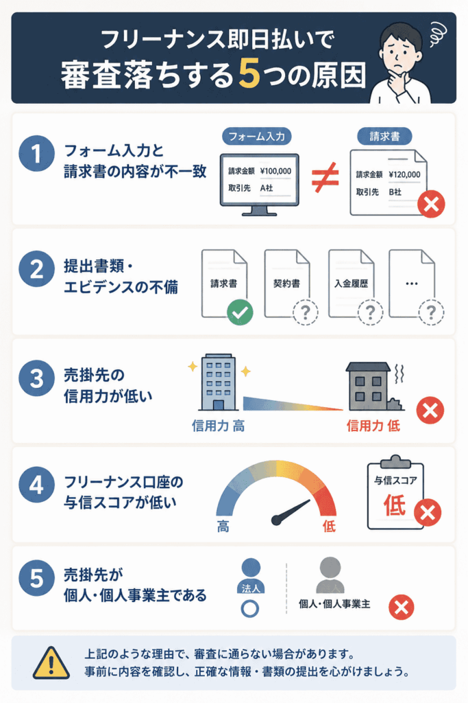 フリーナンス即日払いで審査落ちする5つの原因